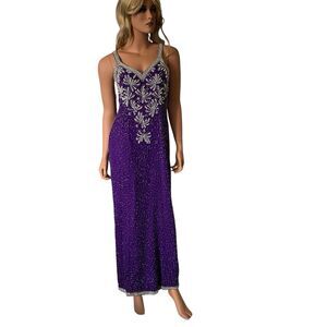 Boutique Vtg Evening Purple Beaded Long Maxi Column Gown Dress Sz M